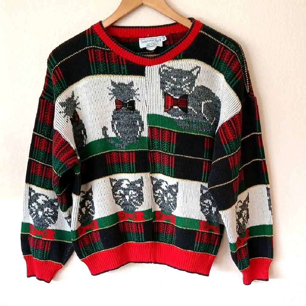 Vintage Cat Sweater Christmas Colors Cotton 80s 90s Sweater Loft